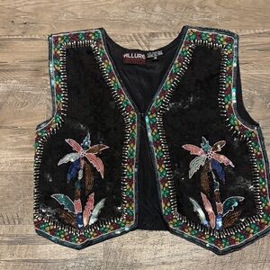 Vintage Allure 100% Silk Black Vest with Multicolor Beading